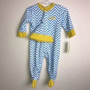 OFFSPRING Boys Striped Soft Romper With Hat Blue Print Yellow Trim Moped 9M NEW